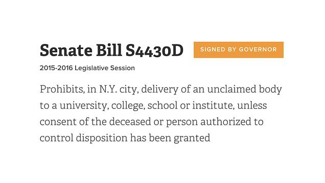 NY State passes legislation banning the medical use of unclaimed bodies without consent