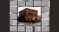 Laundry building from the Hart Island Reformatory with historic newspaper articles about Hart Island, 1992 51.5" w x 42" h